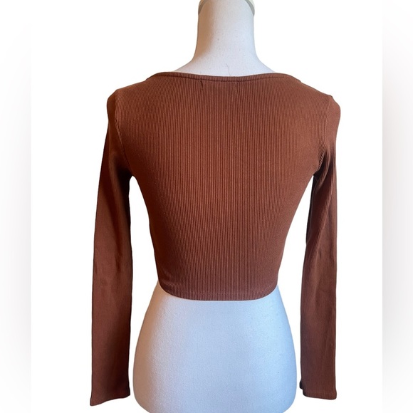 PACSUN L.A. Hearts Brown Square Neck Long Sleeve Ribbed Zip Up Crop Top Small - Picture 4 of 12